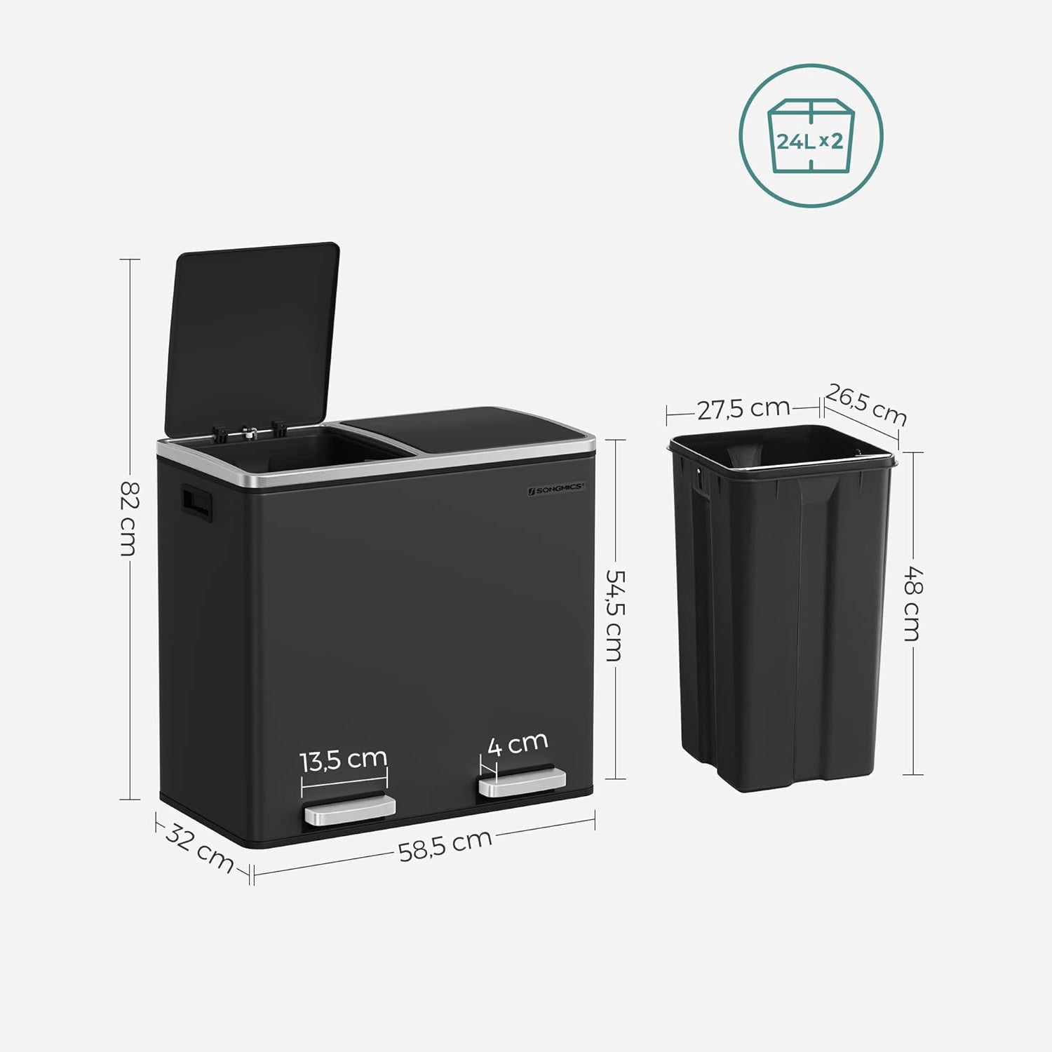 Dvostruka kanta za smeće, 2 x 24 litre, kuhinjska kanta za smeće, crna | SONGMICS-vitahome.hr