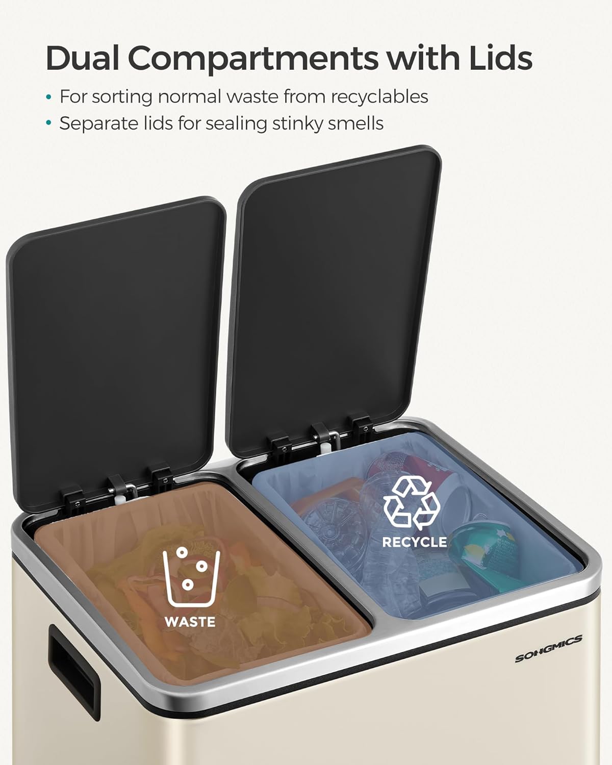 Dvostruka kanta za smeće od čelika, 2 x 15 L, 41 x 31,5 x 47 cm, bež i smeđa | SONGMICS-SONGMICS-Vita Home