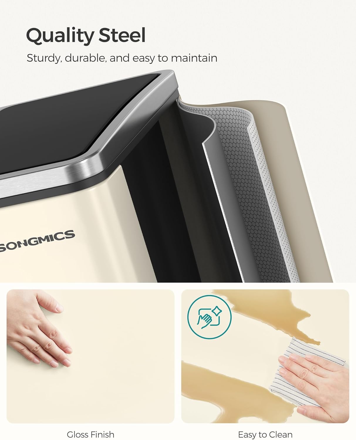 Dvostruka kanta za smeće od čelika, 2 x 15 L, 41 x 31,5 x 47 cm, bež i smeđa | SONGMICS-SONGMICS-Vita Home