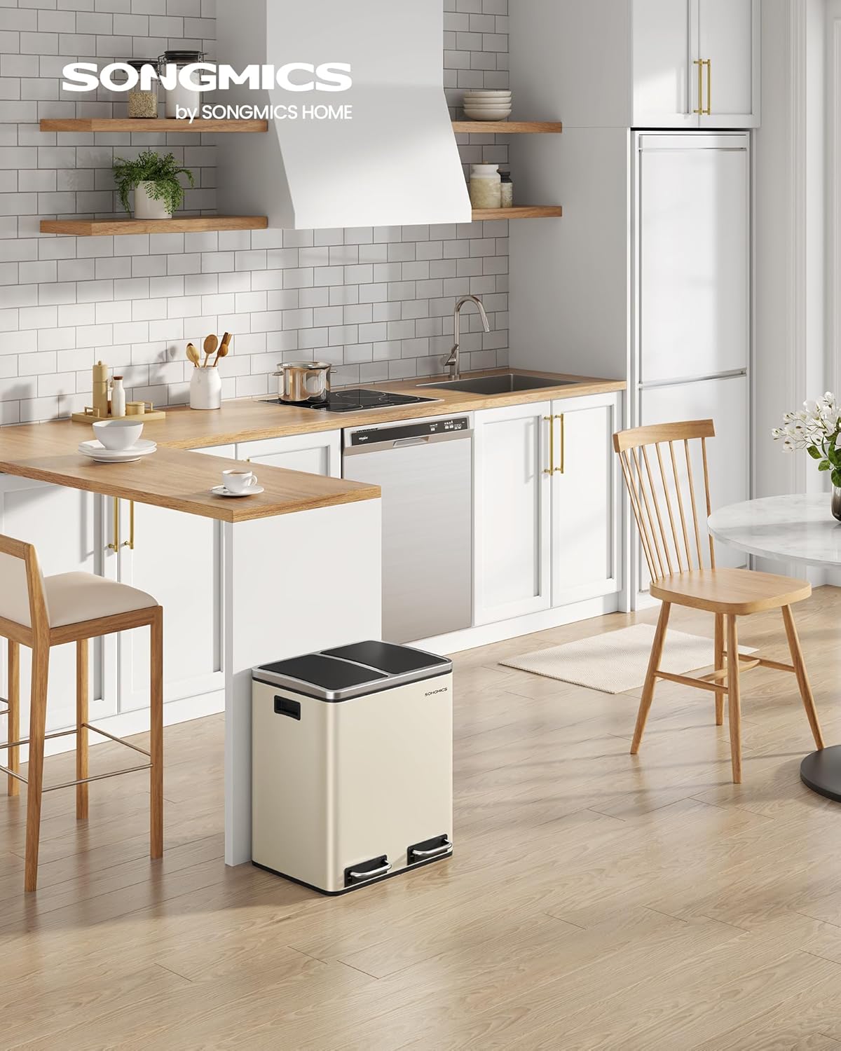 Dvostruka kanta za smeće od čelika, 2 x 15 L, 41 x 31,5 x 47 cm, bež i smeđa | SONGMICS-SONGMICS-Vita Home