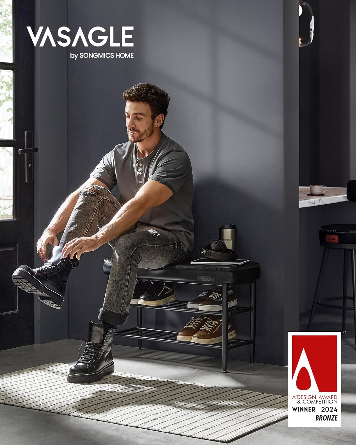 EKHO klupa za cipele sa sjedištem od umjetne kože, crne boje | VASAGLE-VASAGLE-Vita Home