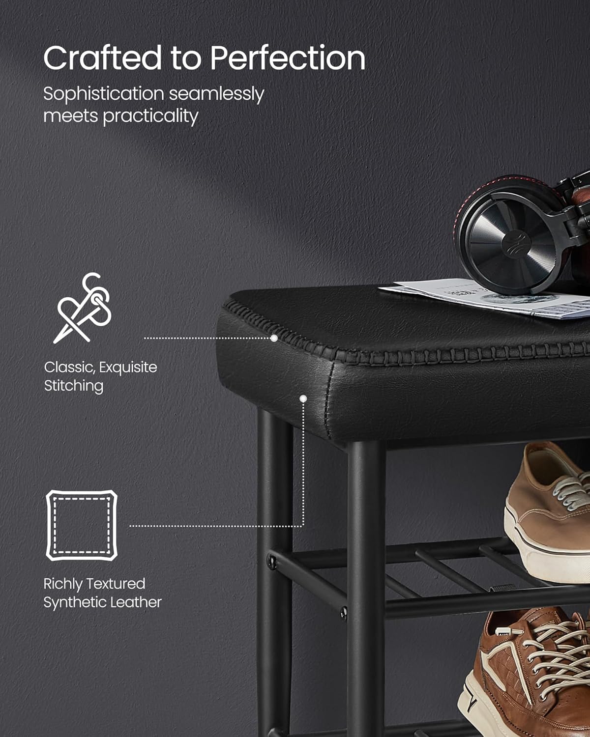 EKHO klupa za cipele sa sjedištem od umjetne kože, crne boje | VASAGLE-VASAGLE-Vita Home