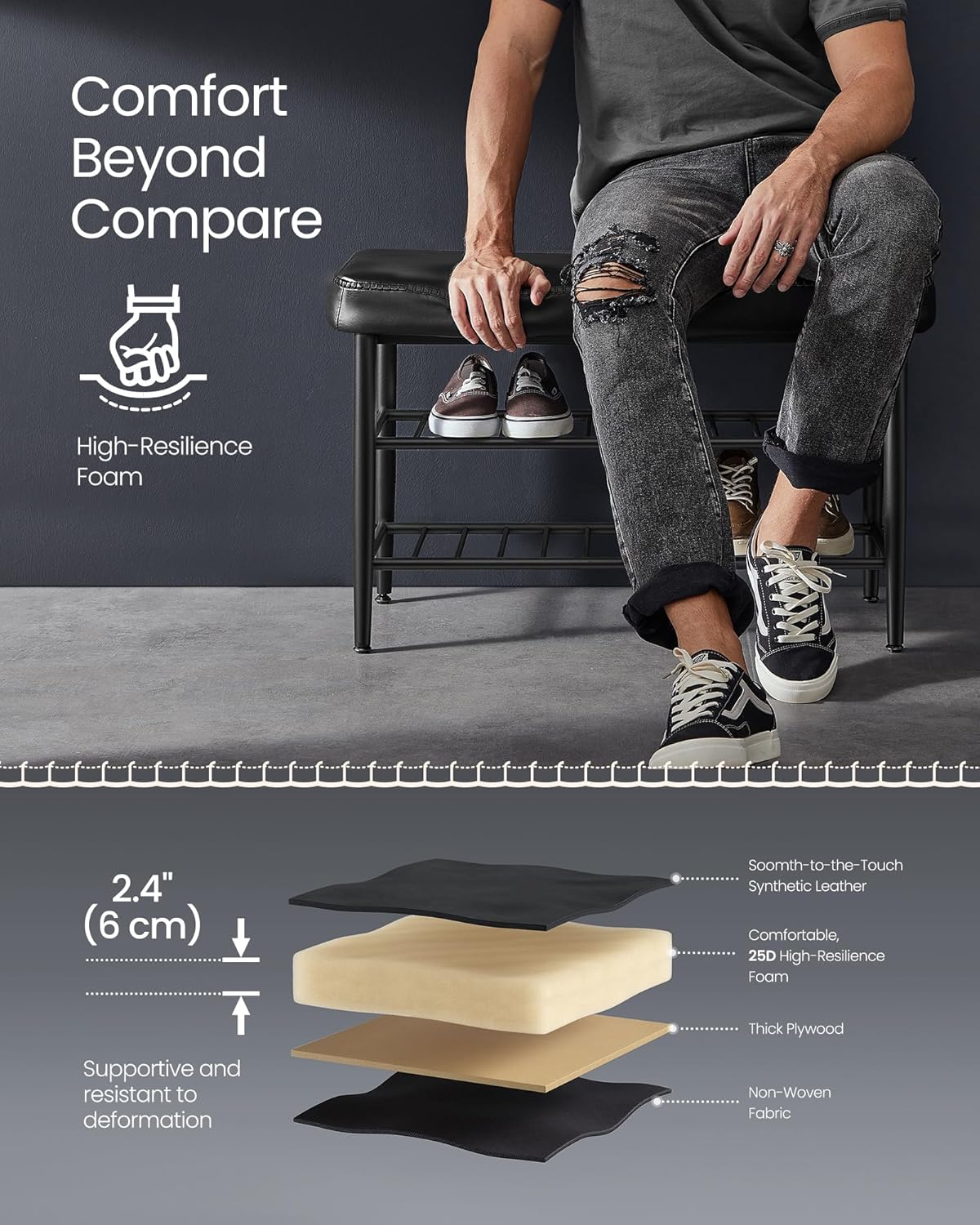 EKHO klupa za cipele sa sjedištem od umjetne kože, crne boje | VASAGLE-VASAGLE-Vita Home