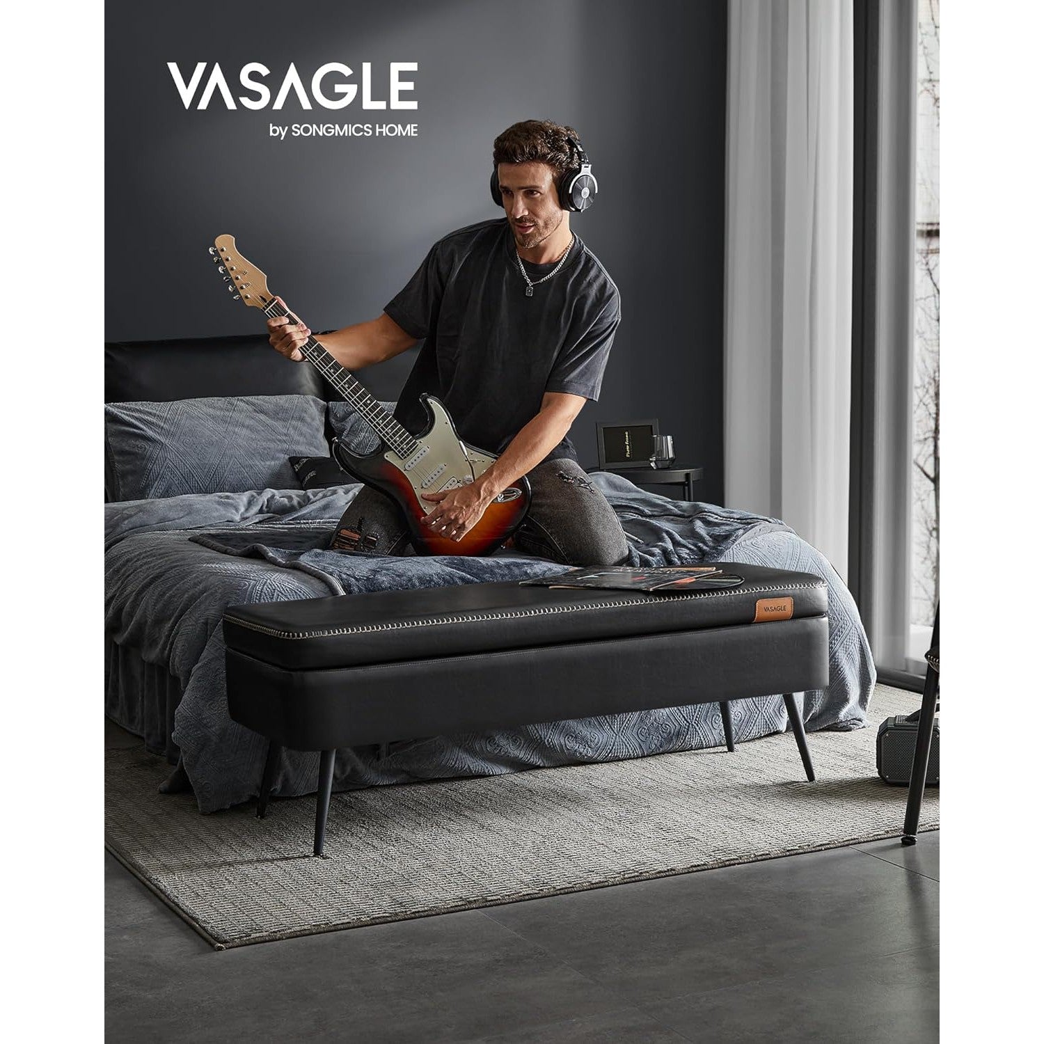EKHO klupa za odlaganje od umjetne kože, 40x120x45 cm, crna | VASAGLE-vitahome.hr