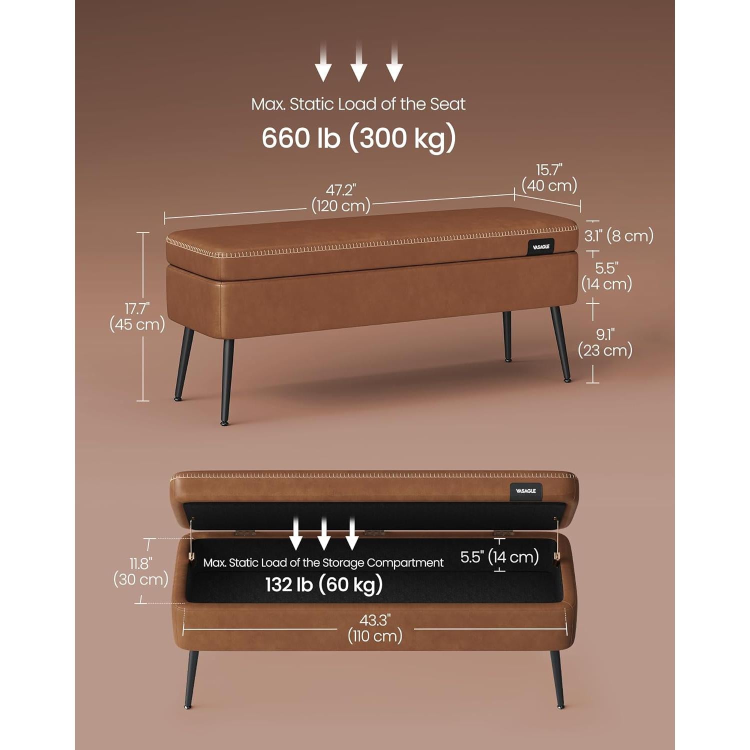 EKHO klupa za odlaganje od umjetne kože, 40x120x45 cm, karamel smeđa | VASAGLE-vitahome.hr