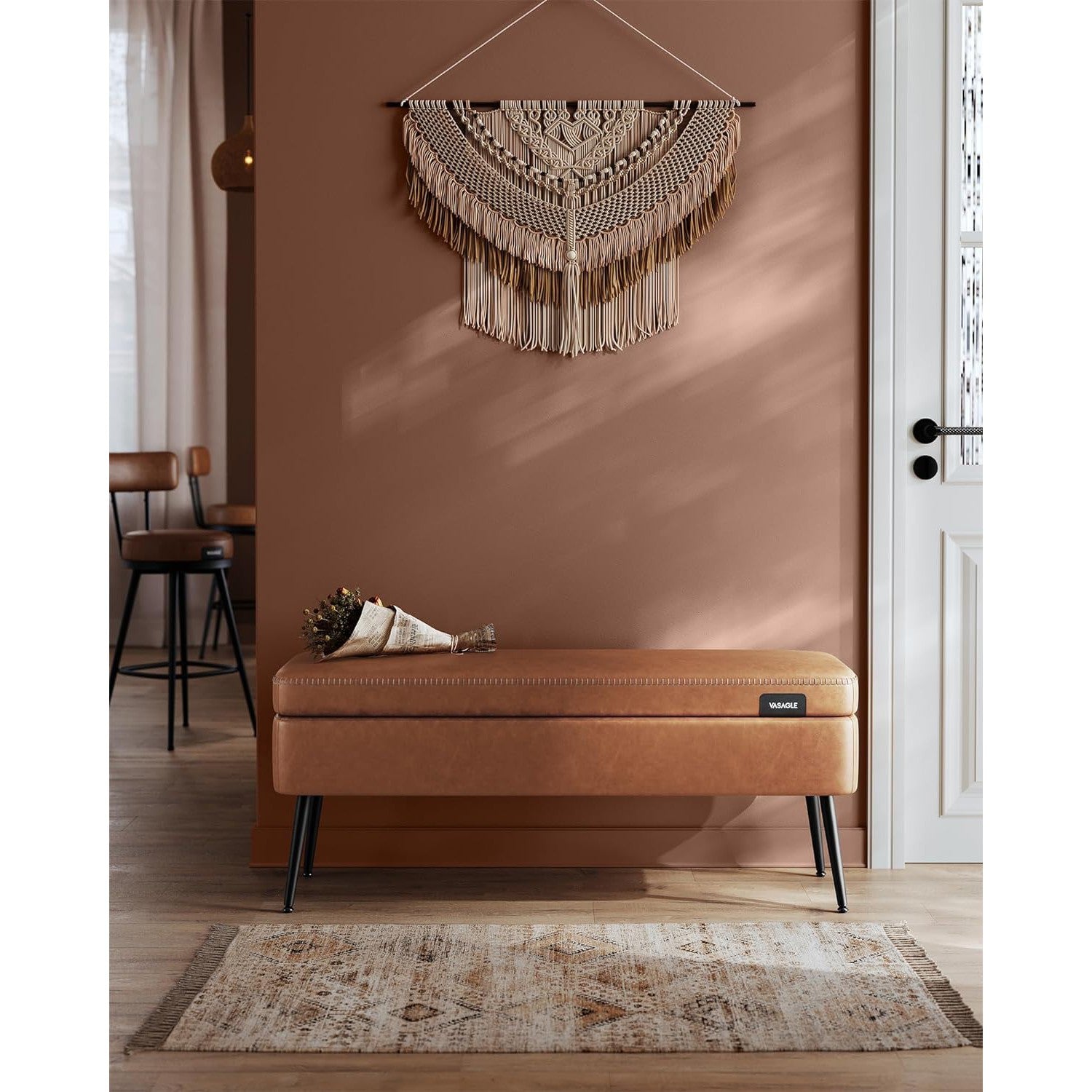 EKHO klupa za odlaganje od umjetne kože, 40x120x45 cm, karamel smeđa | VASAGLE-vitahome.hr