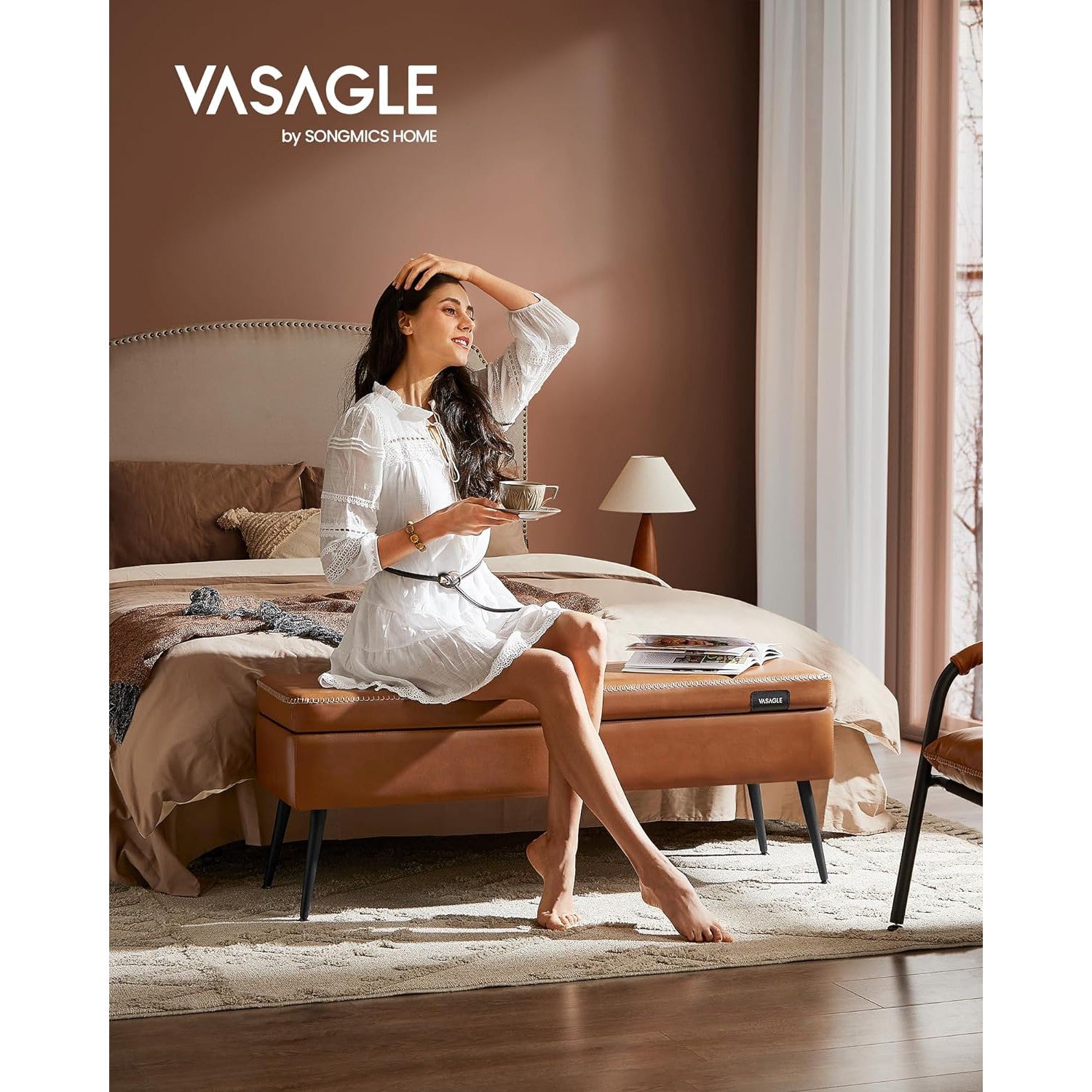 EKHO klupa za odlaganje od umjetne kože, 40x120x45 cm, karamel smeđa | VASAGLE-vitahome.hr