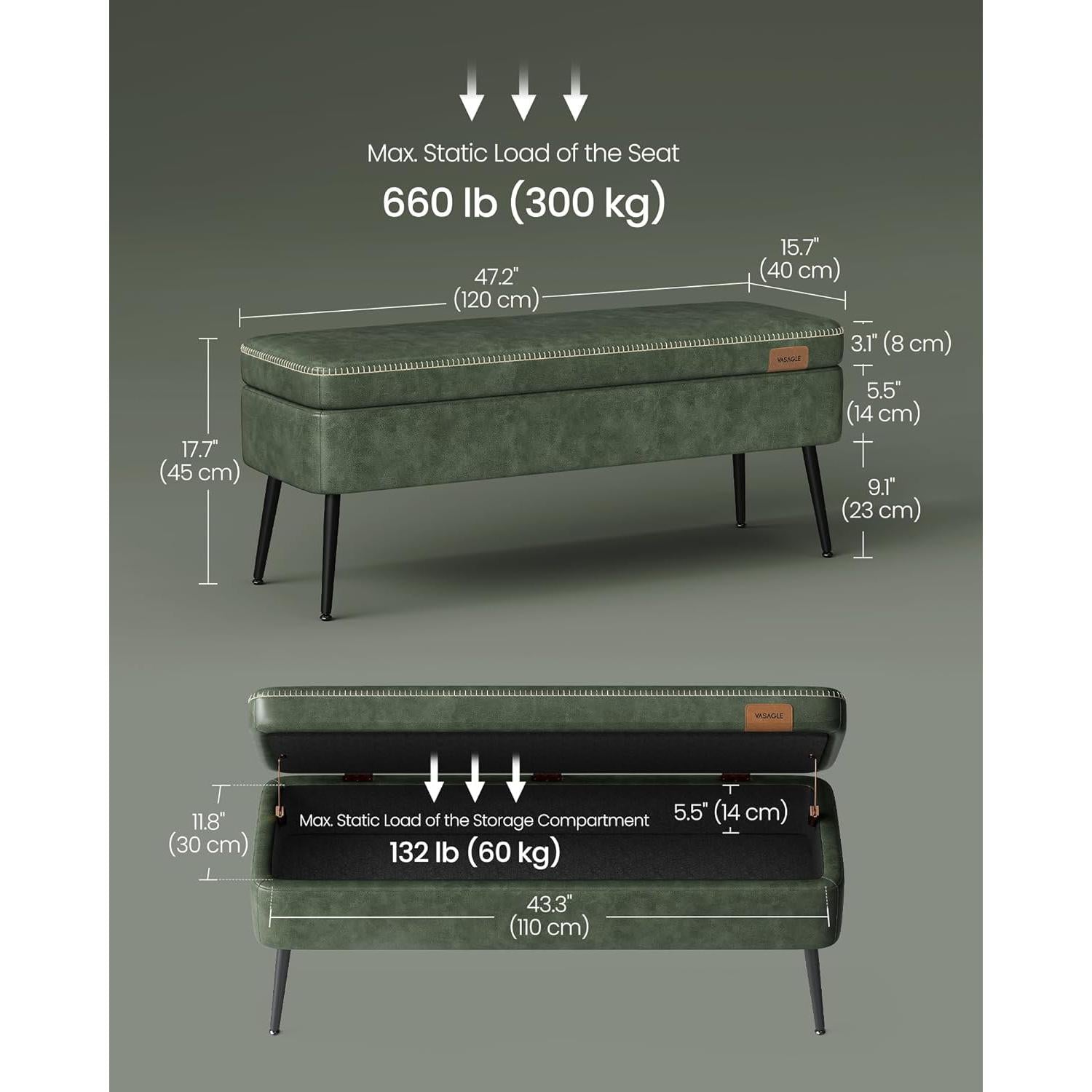 EKHO klupa za odlaganje od umjetne kože, 40x120x45 cm, šumsko zelena | VASAGLE-vitahome.hr
