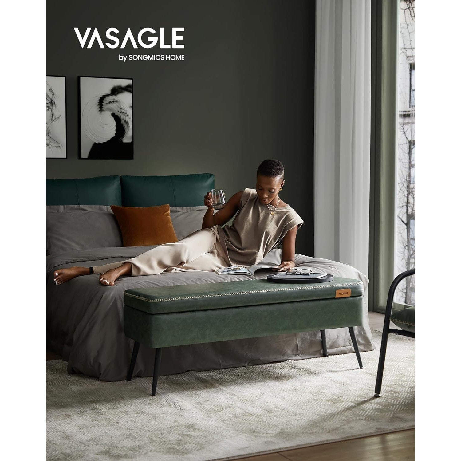 EKHO klupa za odlaganje od umjetne kože, 40x120x45 cm, šumsko zelena | VASAGLE-vitahome.hr