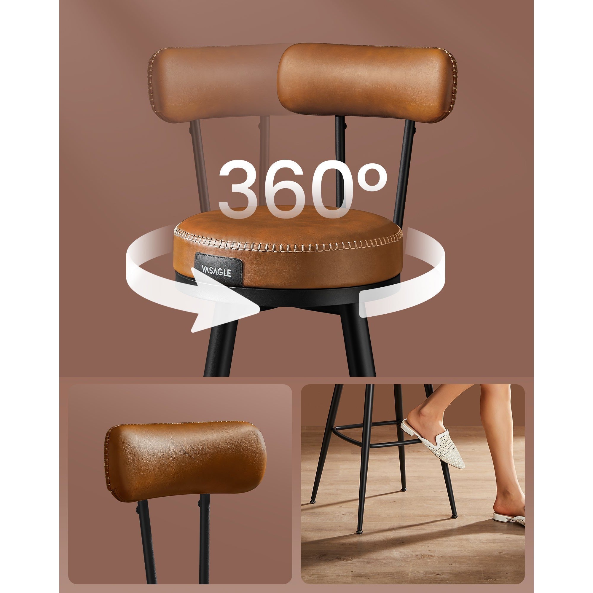 EKHO kolekcija set od 2 barske stolice s naslonom, visine 76 cm, karamel smeđe | VASAGLE-vitahome.hr