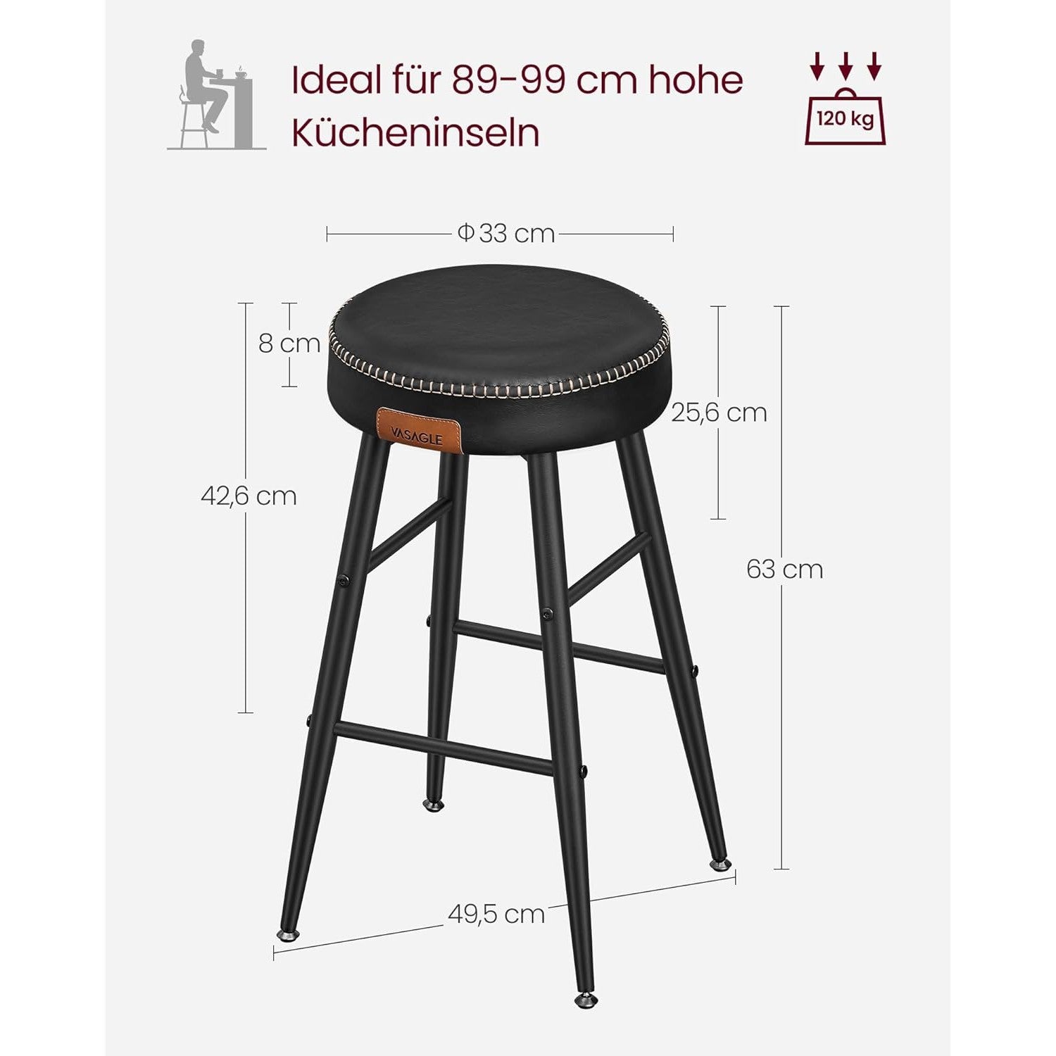 EKHO Set od 2 barske stolice, kuhinjske stolice, visine 63 cm, crne | VASAGLE-vitahome.hr