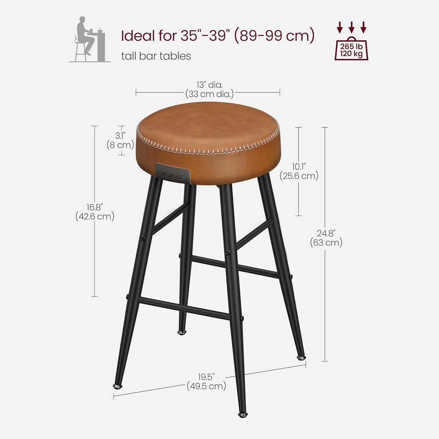 EKHO Set od 2 barske stolice, kuhinjske stolice, visine 63 cm, karamel smeđe | VASAGLE-vitahome.hr