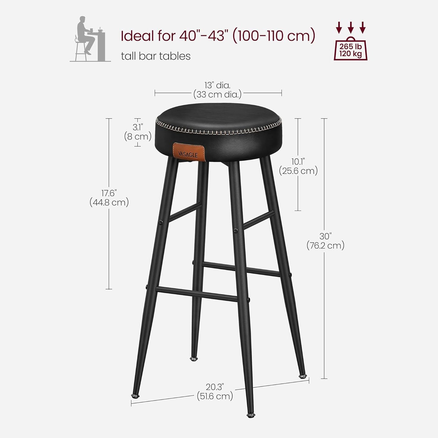 EKHO Set od 2 barske stolice, kuhinjske stolice visine 76,2 cm, crne | VASAGLE-vitahome.hr