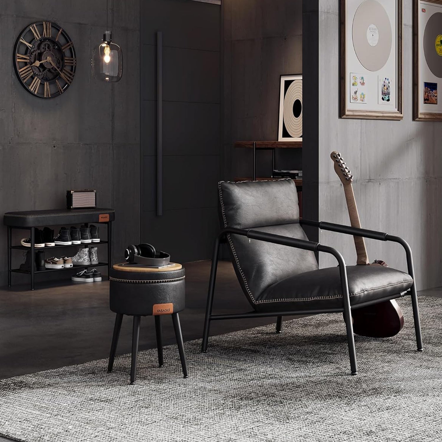 EKHO stolica s naslonom za ruke od umjetne kože i metalnim okvirom, crna | VASAGLE-VASAGLE-Vita Home