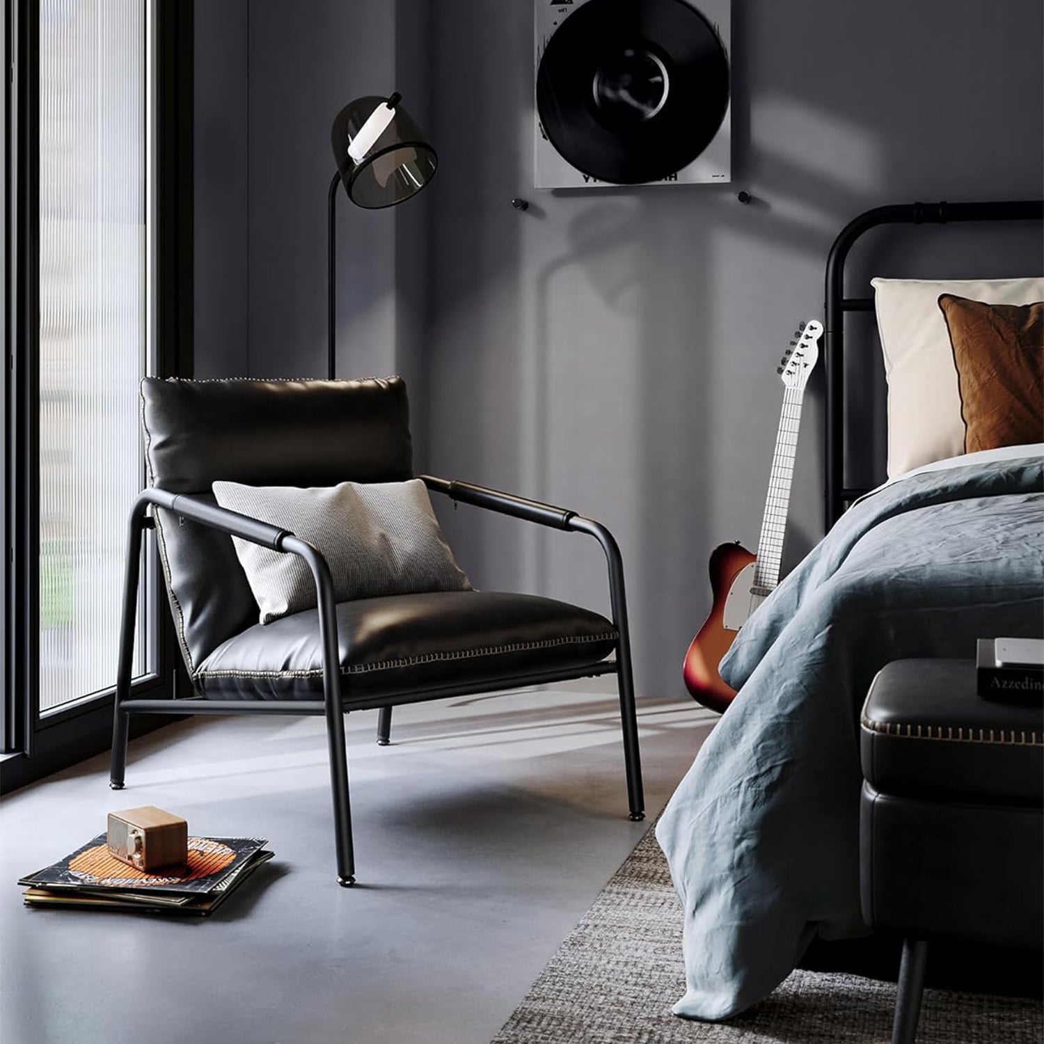 EKHO stolica s naslonom za ruke od umjetne kože i metalnim okvirom, crna | VASAGLE-VASAGLE-Vita Home