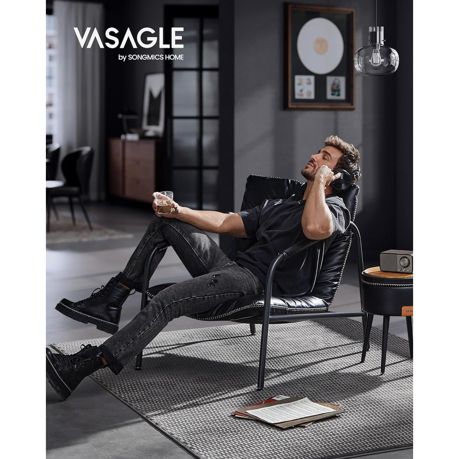 EKHO stolica s naslonom za ruke od umjetne kože i metalnim okvirom, crna | VASAGLE-VASAGLE-Vita Home