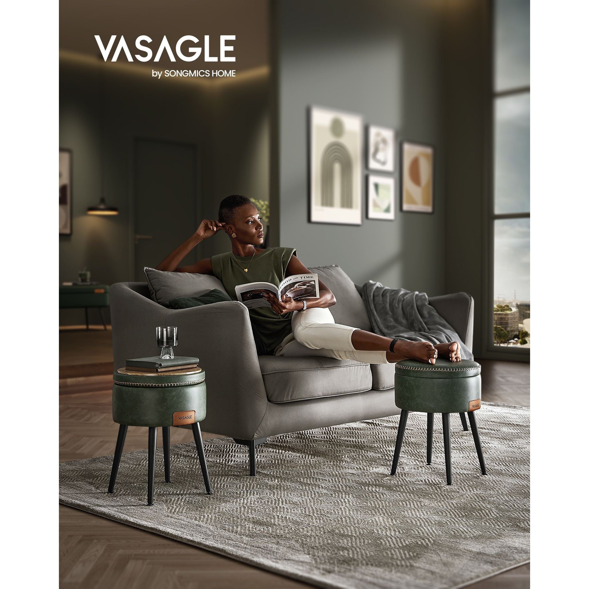 EKHO tabure s prostorom za odlaganje od umjetne kože, šumsko zelene boje | VASAGLE-vitahome.hr