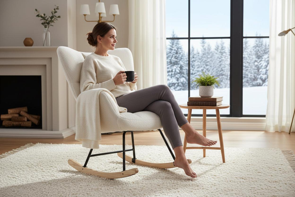 Elegantna ljuljačka fotelja za opuštanje s mekanom plišanom presvlakom u bijeloj boji