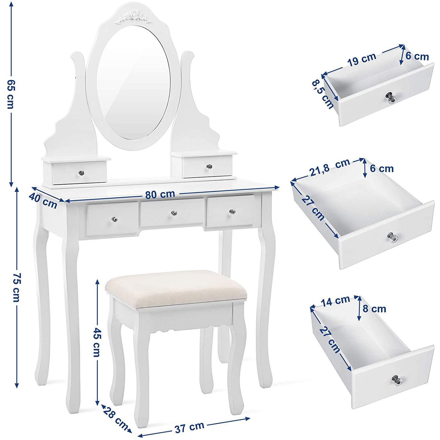 Elegantni toaletni stol sa stolicom, ogledalom i 5 ladica, bijele boje | SONGMICS-vitahome.hr