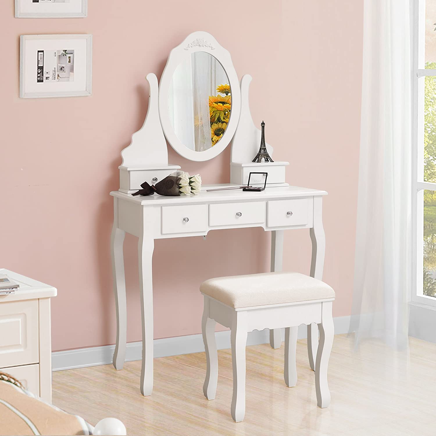 Elegantni toaletni stol sa stolicom, ogledalom i 5 ladica, bijele boje | SONGMICS-vitahome.hr