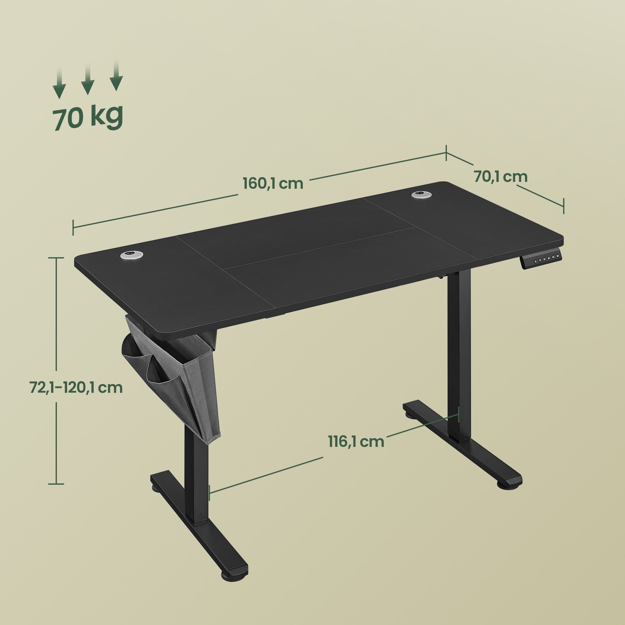 Električni pisaći stol s podesivom visinom, 160×70 cm, 4 memorijske pozicije, crni