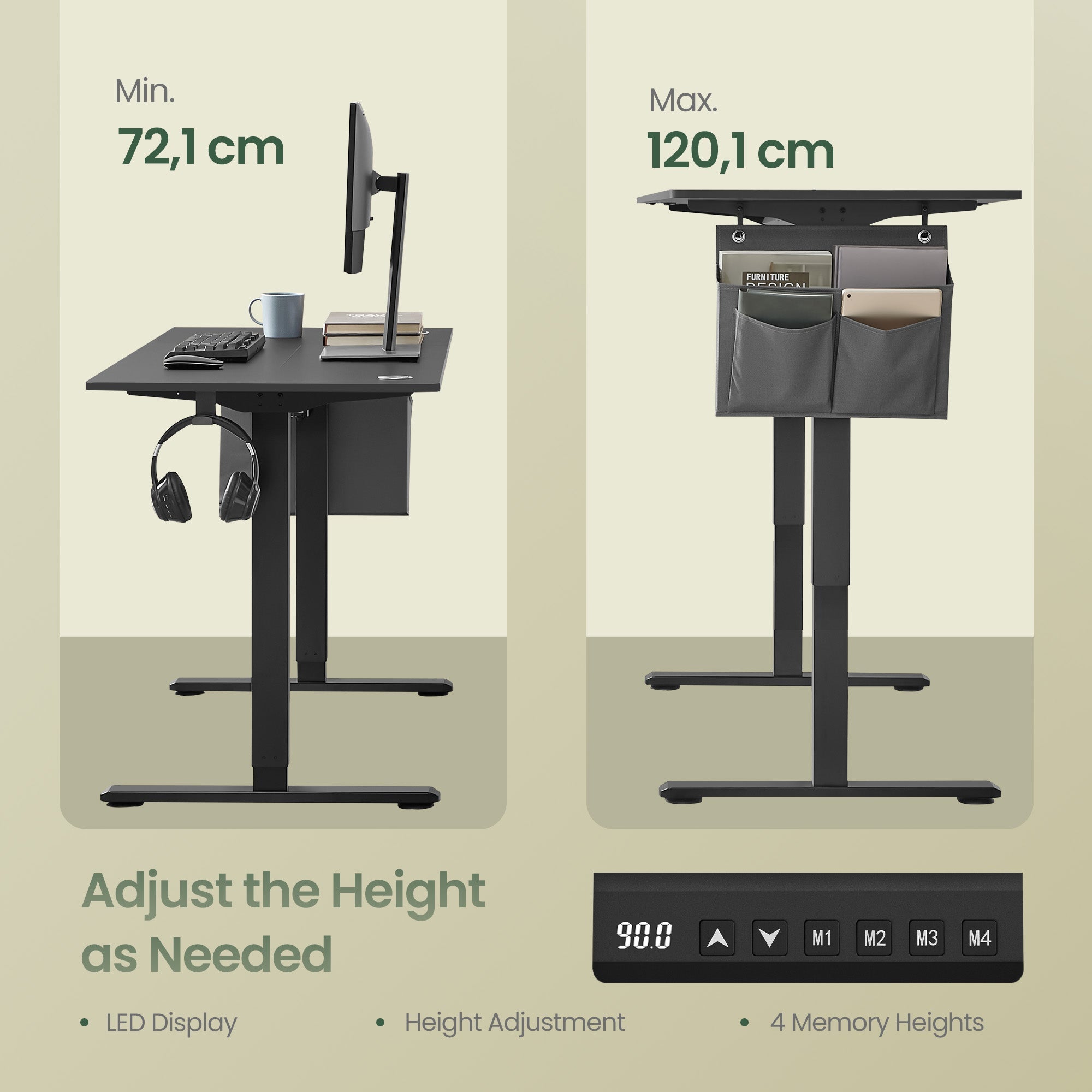 Električni pisaći stol s podesivom visinom, 160×70 cm, 4 memorijske pozicije, crni