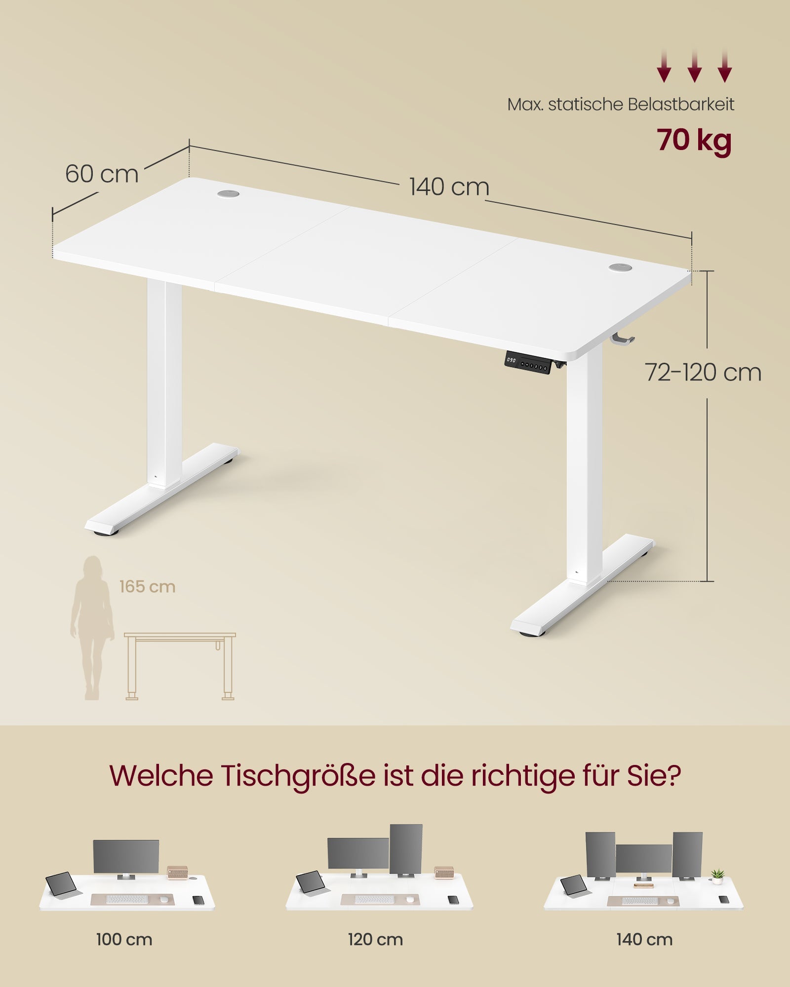Električni računalni stol podesive visine, 140 x 60 x (72–120) cm, oblak bijeli
