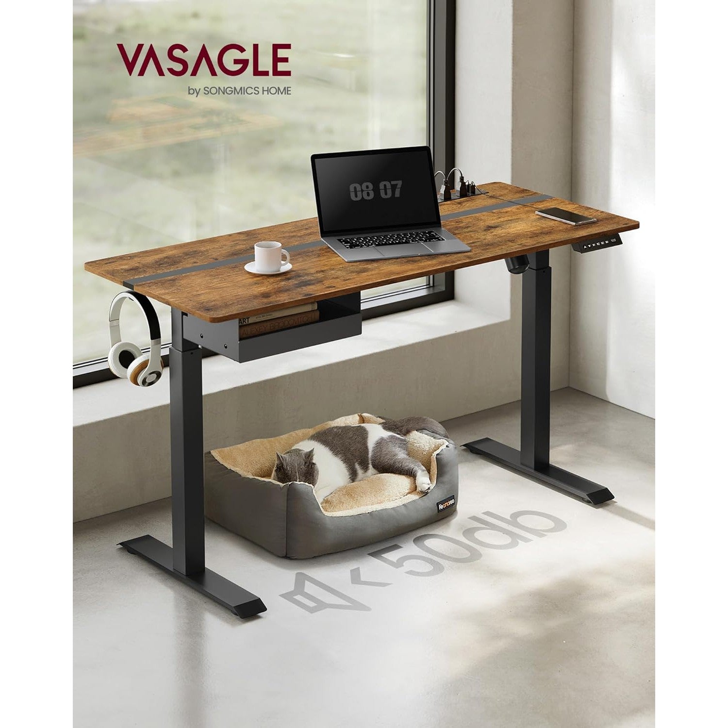 Električni radni stol podesiv po visini s utičnicom i ladicom, smeđe i crne boje | VASAGLE-SONGMICS-Vita Home