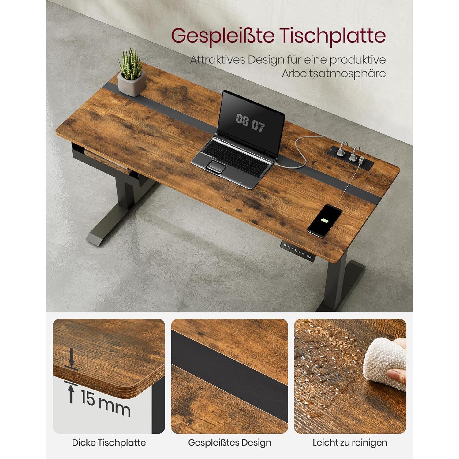 Električni radni stol podesiv po visini s utičnicom i ladicom, smeđe i crne boje | VASAGLE-SONGMICS-Vita Home