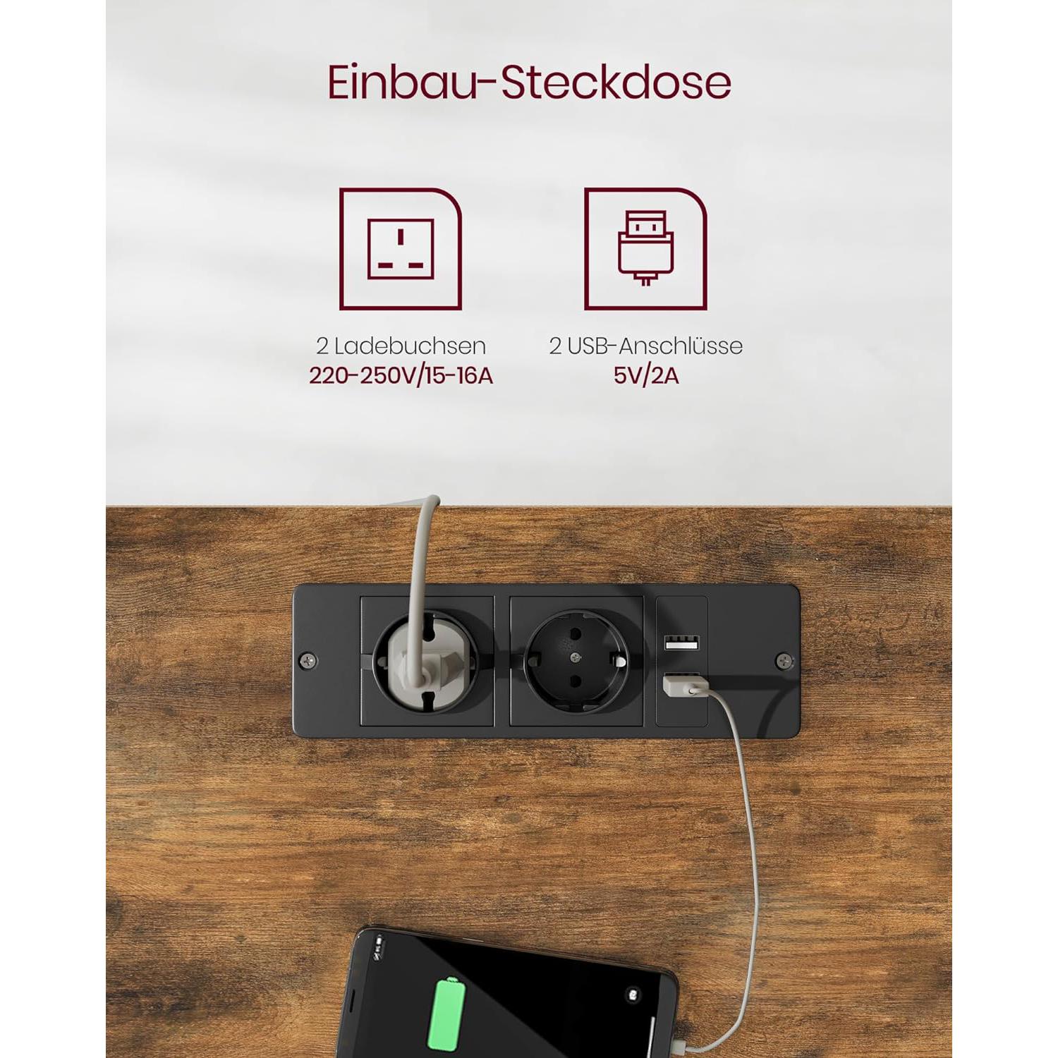 Električni radni stol podesiv po visini s utičnicom i ladicom, smeđe i crne boje | VASAGLE-SONGMICS-Vita Home