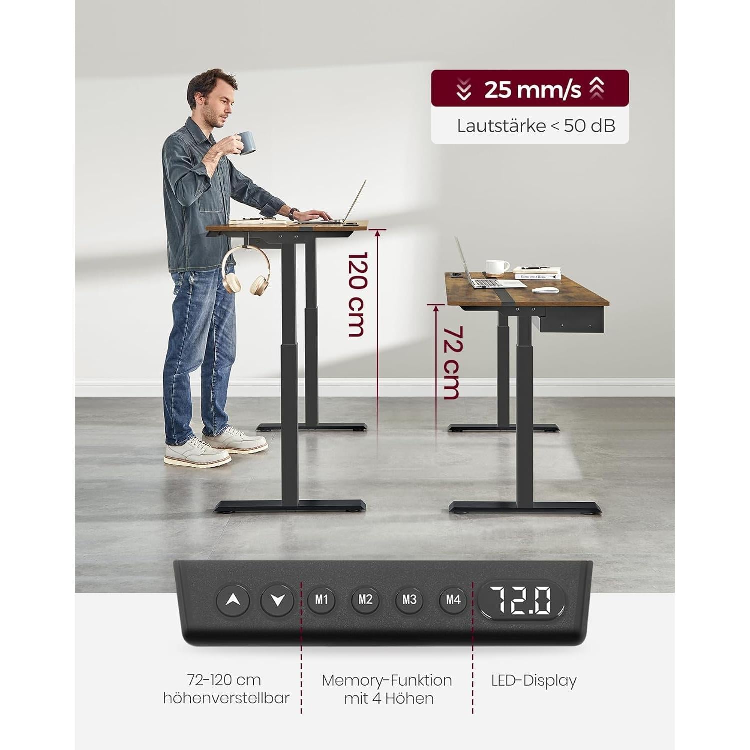 Električni radni stol podesiv po visini s utičnicom i ladicom, smeđe i crne boje | VASAGLE-SONGMICS-Vita Home