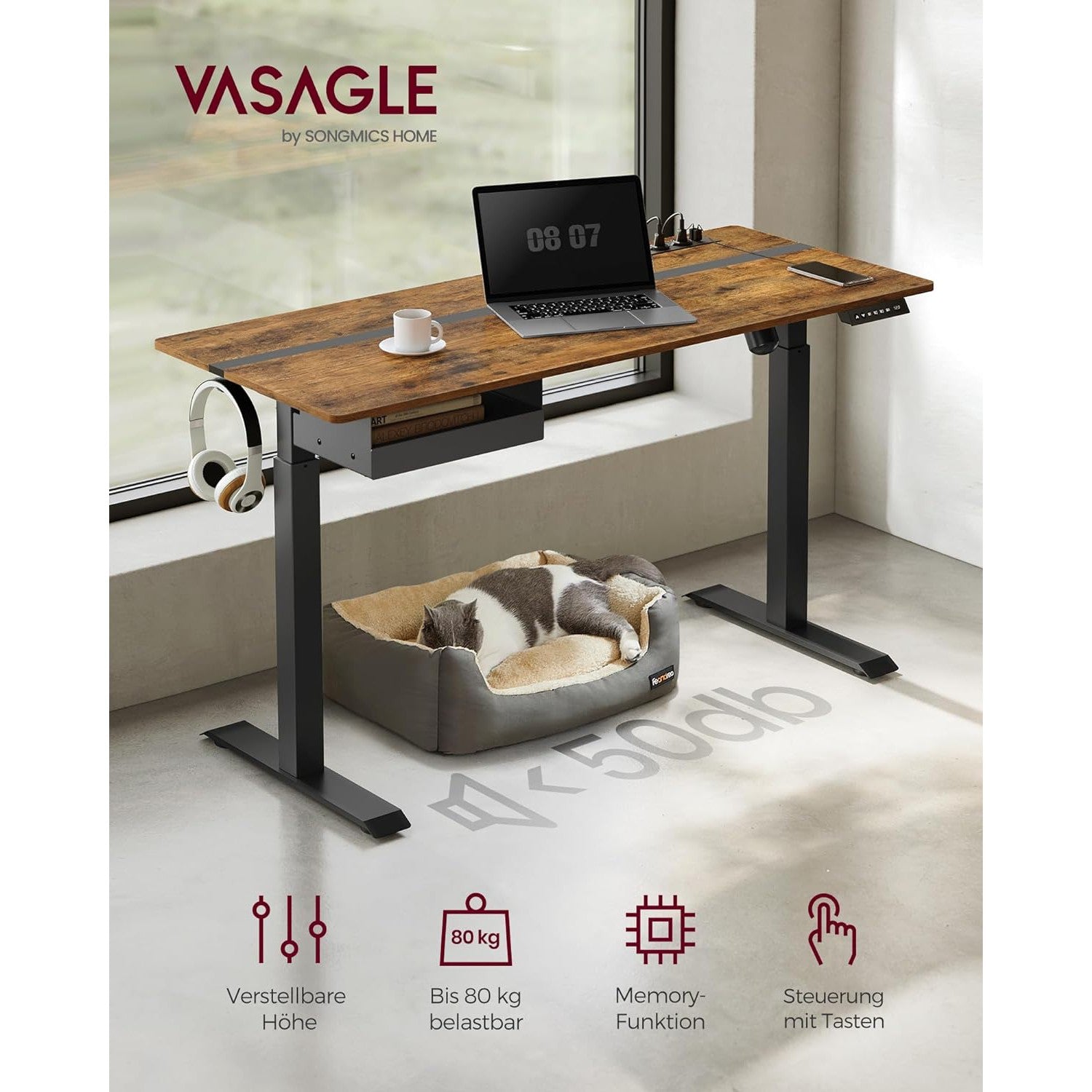 Električni radni stol podesiv po visini s utičnicom i ladicom, smeđe i crne boje | VASAGLE-SONGMICS-Vita Home