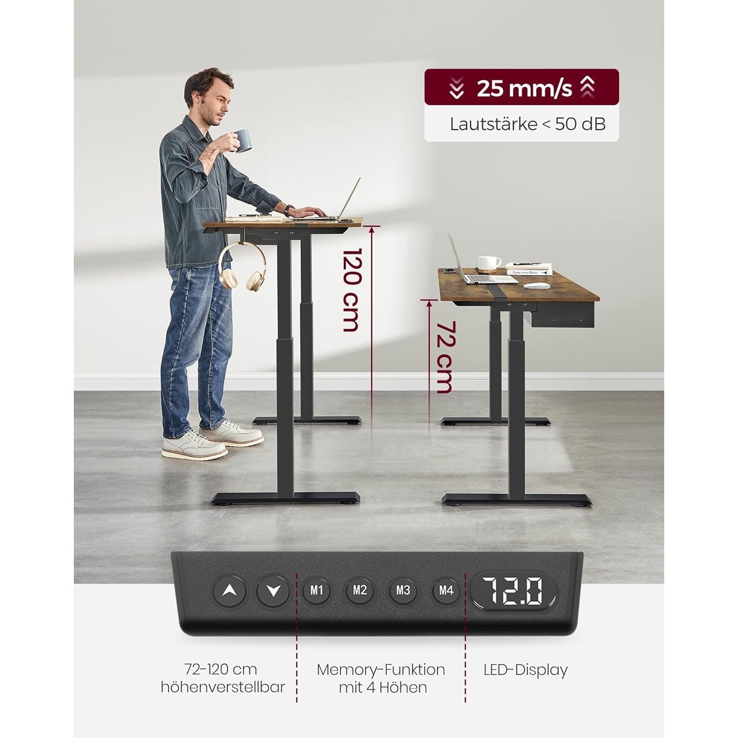 Električni radni stol podesiv po visini s utičnicom i ladicom, smeđe i crne boje | VASAGLE-SONGMICS-Vita Home