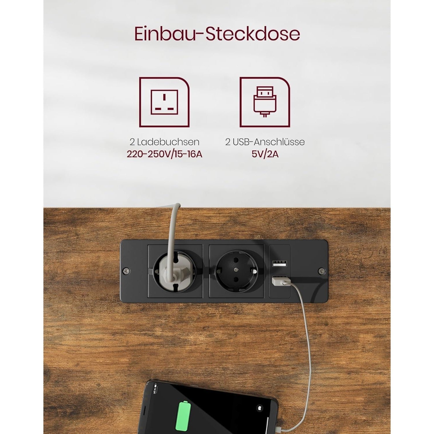 Električni radni stol podesiv po visini s utičnicom i ladicom, smeđe i crne boje | VASAGLE-SONGMICS-Vita Home