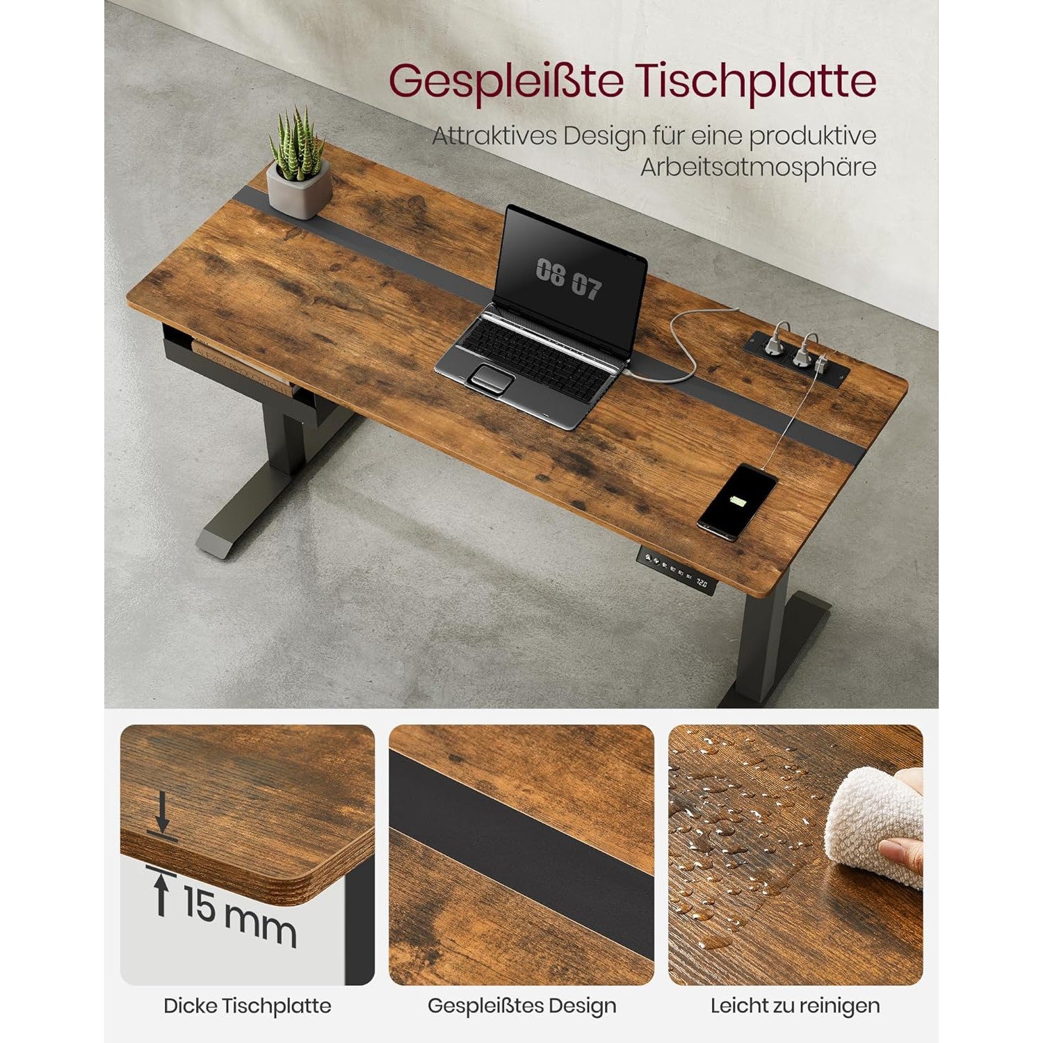 Električni radni stol podesiv po visini s utičnicom i ladicom, smeđe i crne boje | VASAGLE-SONGMICS-Vita Home