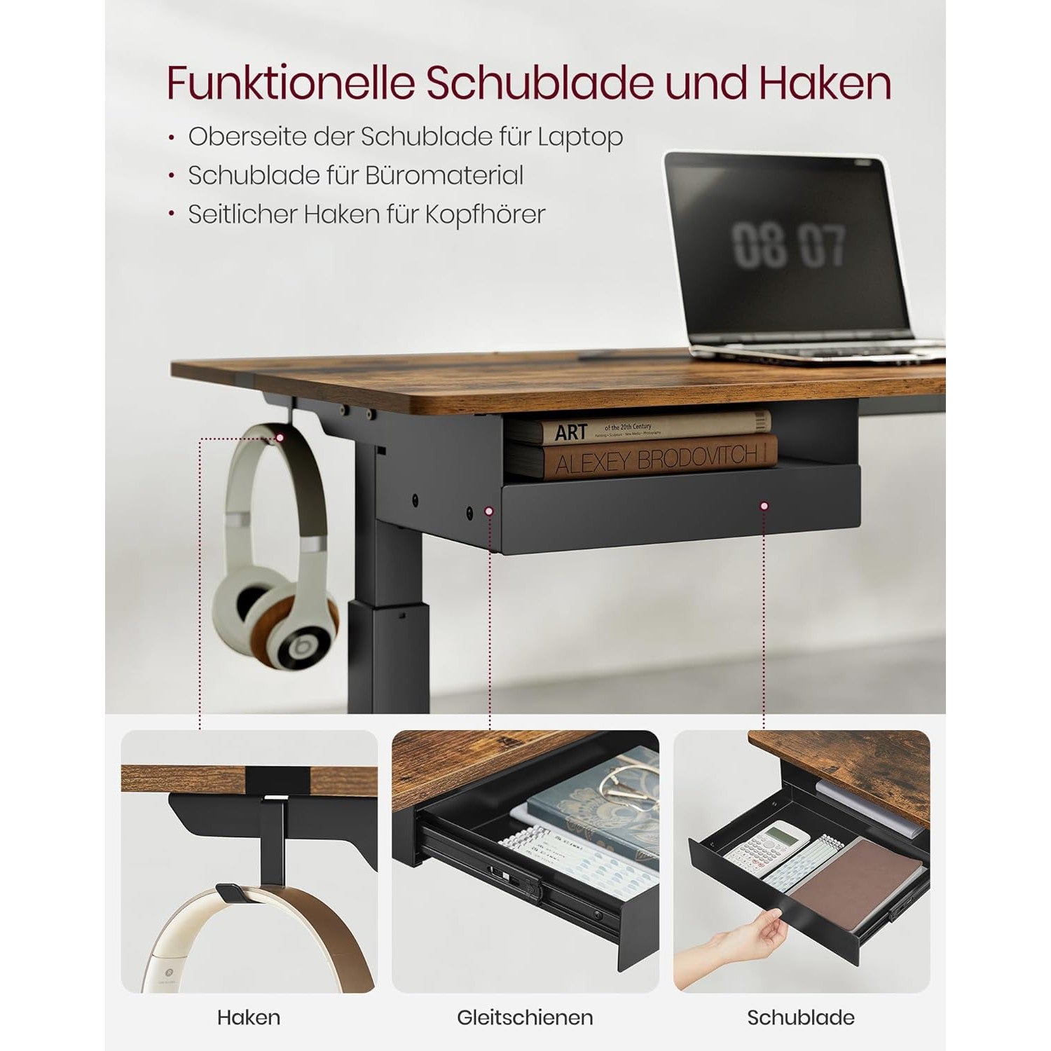 Električni radni stol podesiv po visini s utičnicom i ladicom, smeđe i crne boje | VASAGLE-SONGMICS-Vita Home