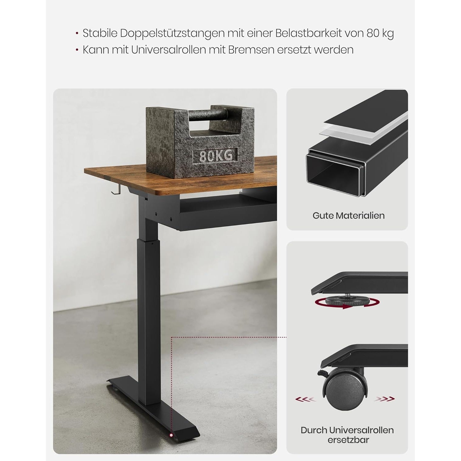 Električni radni stol podesiv po visini s utičnicom i ladicom, smeđe i crne boje | VASAGLE-SONGMICS-Vita Home