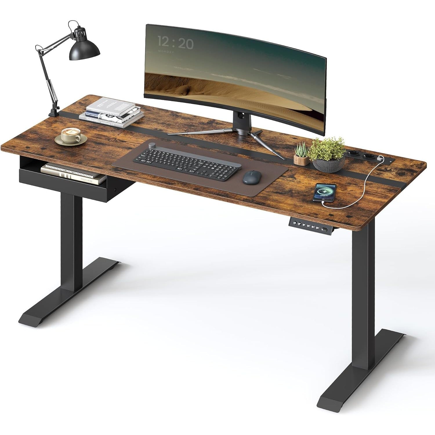 Električni radni stol podesiv po visini s utičnicom i ladicom, smeđe i crne boje | VASAGLE-SONGMICS-Vita Home