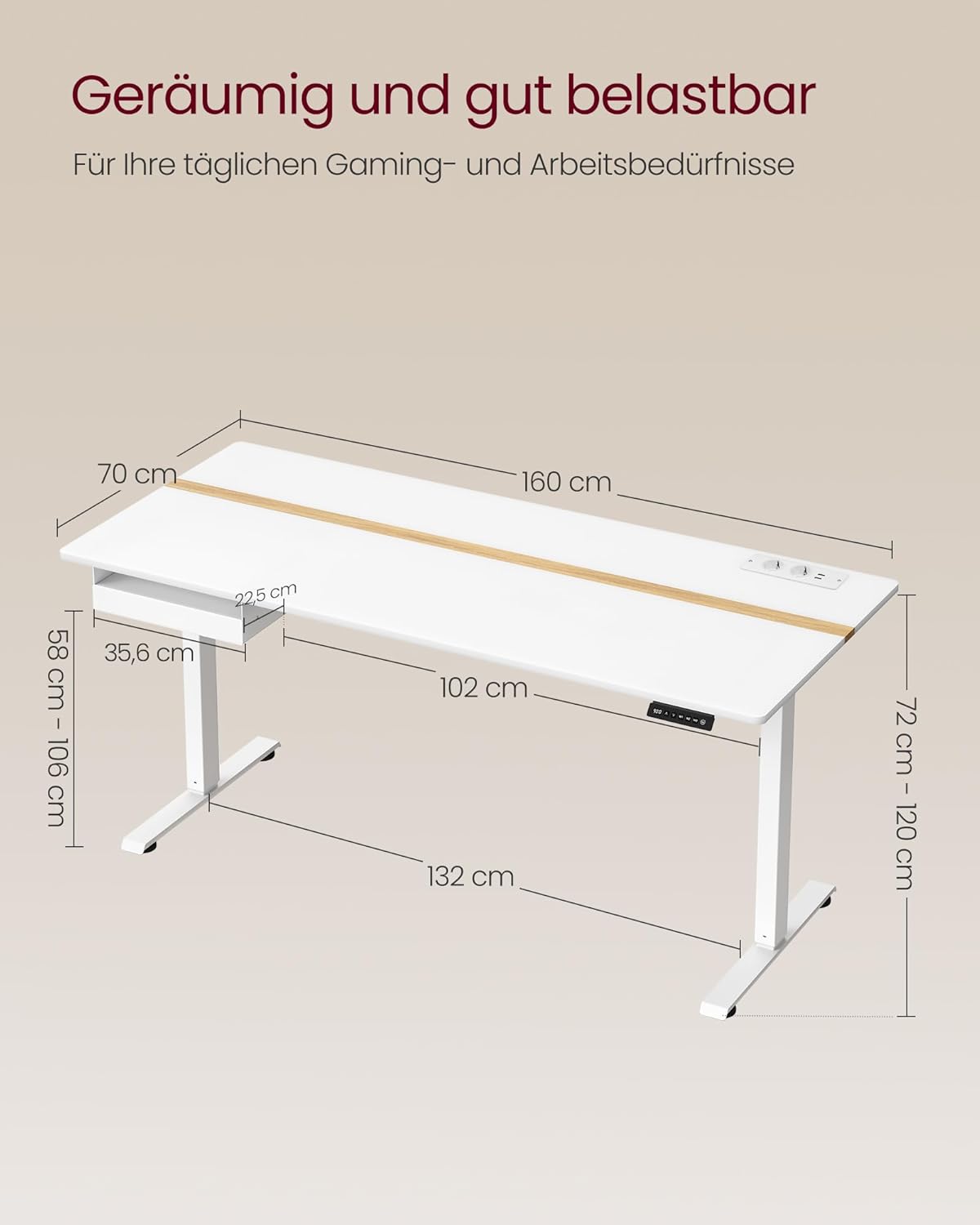 Električni radni stol podesive visine, 160 x 70 x (72–120) cm, hrast i bijele boje