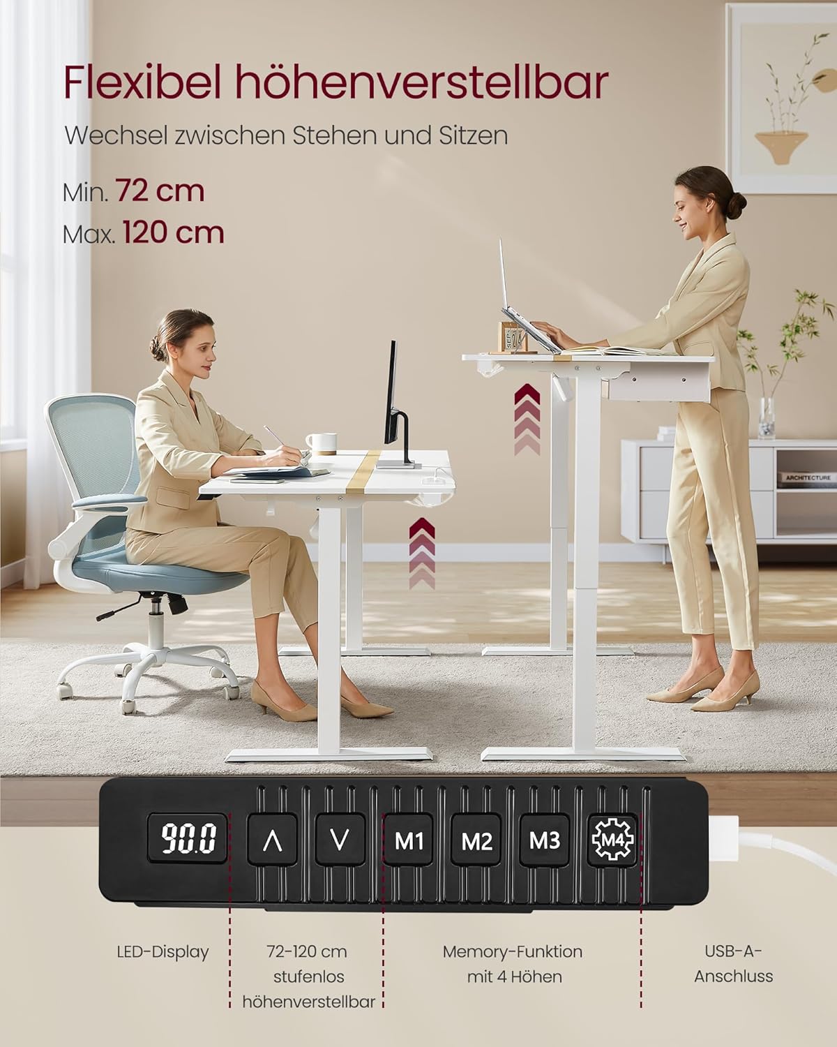 Električni radni stol podesive visine, 160 x 70 x (72–120) cm, hrast i bijele boje