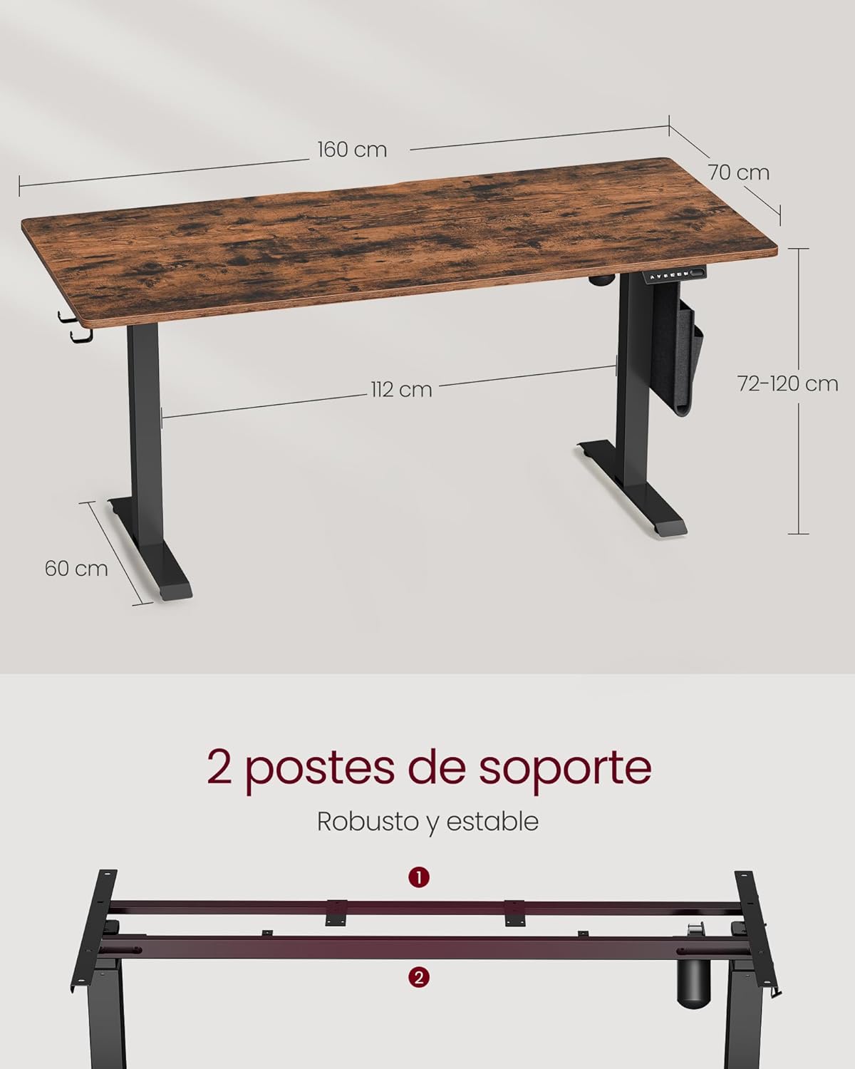 Električni radni stol podesive visine, 60 x 140 x (72–120) cm, vintage smeđi