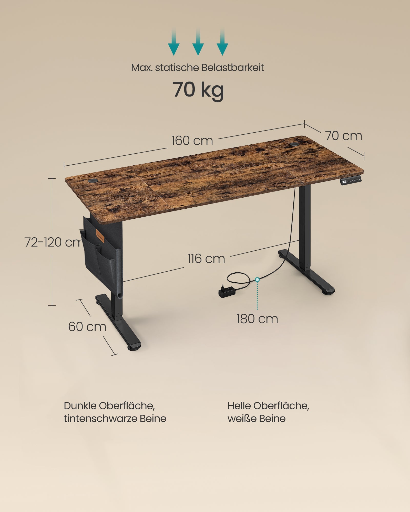 Električni radni stol podesive visine, 70 x 160 x 72–120 cm, smeđe-crni | SONGMICS