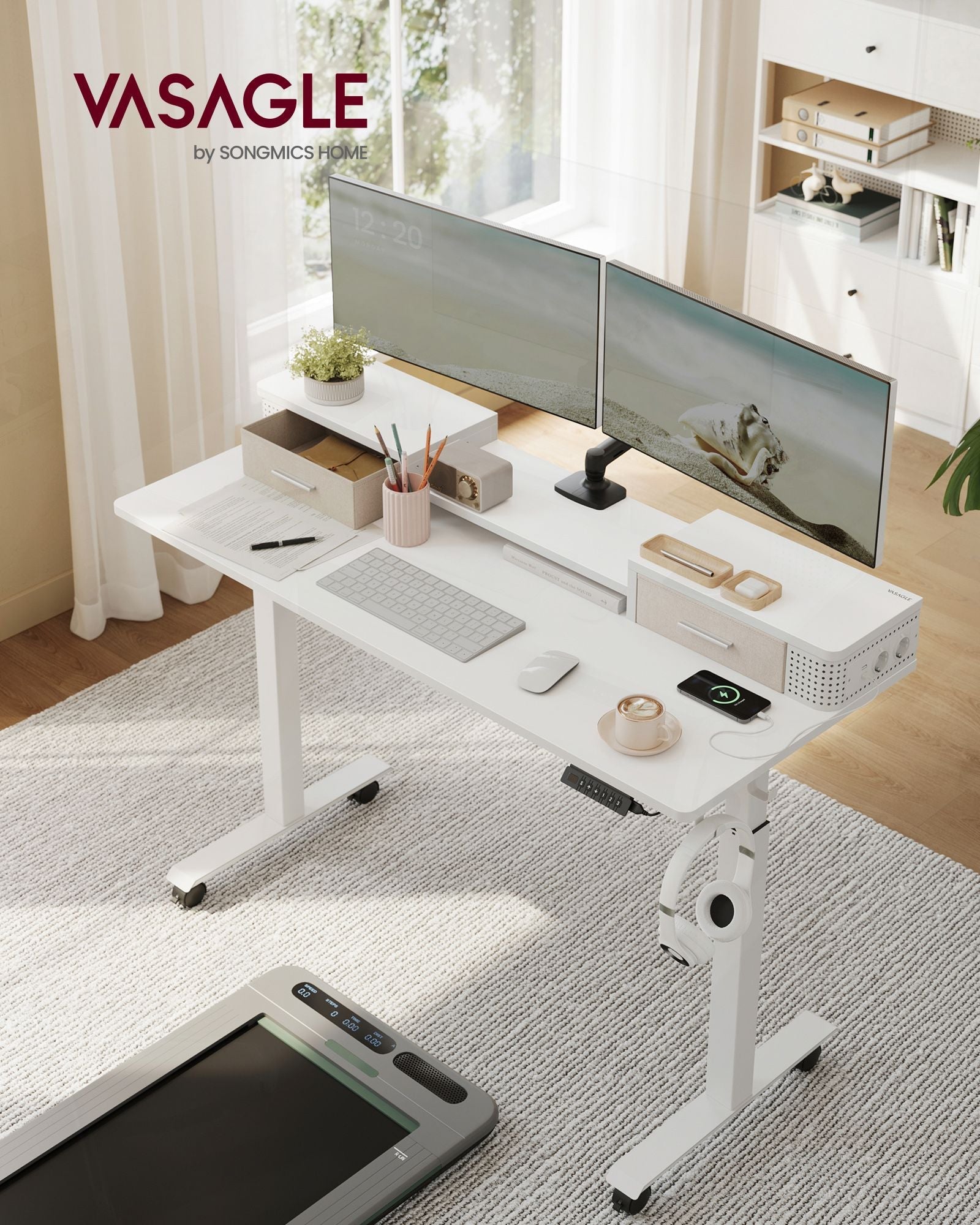 Električni radni stol podesive visine s LED osvjetljenjem, 60 x 120 x (72-120) cm, bijeli