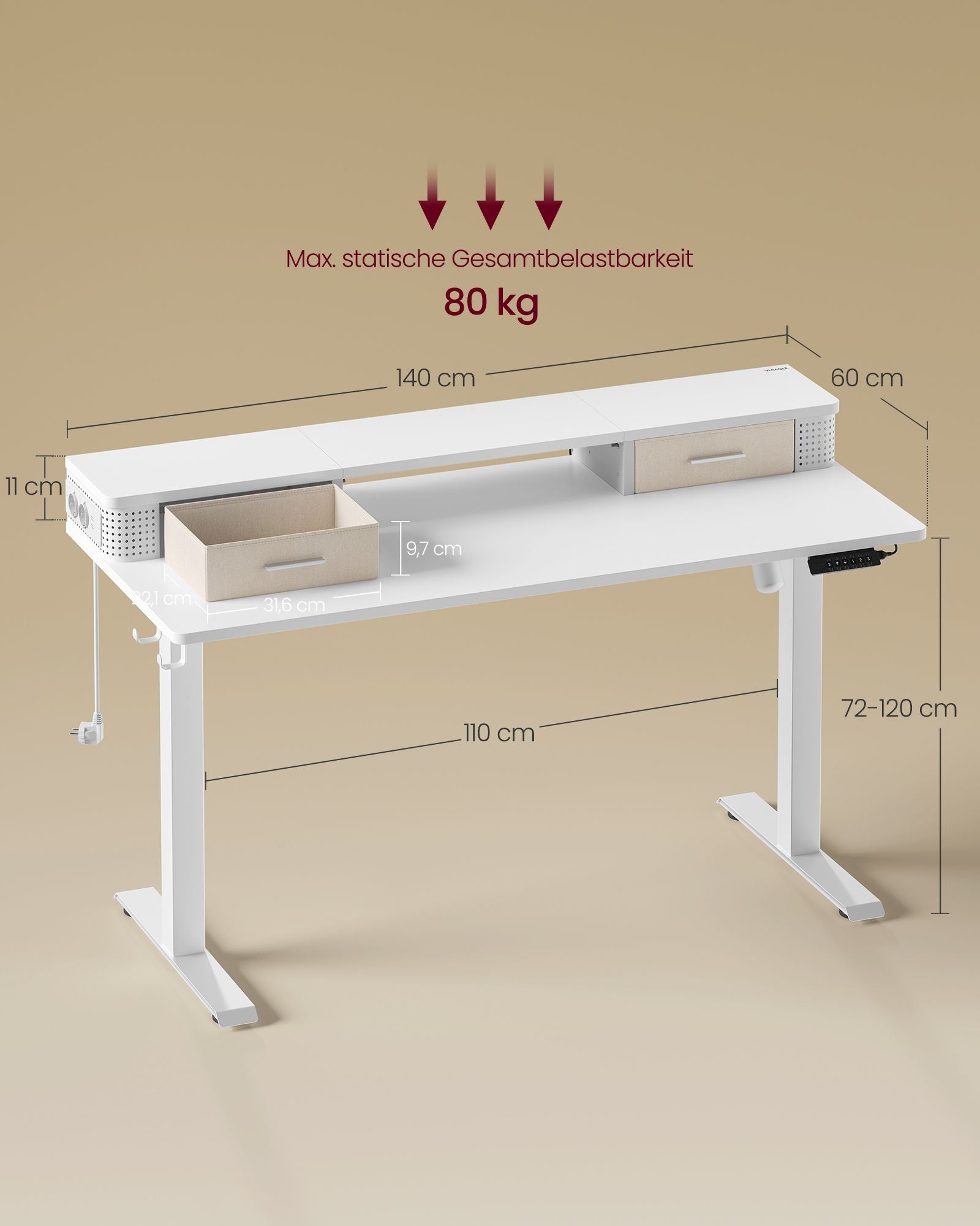 Električni radni stol podesive visine s LED osvjetljenjem, 60 x 120 x (72-120) cm, bijeli