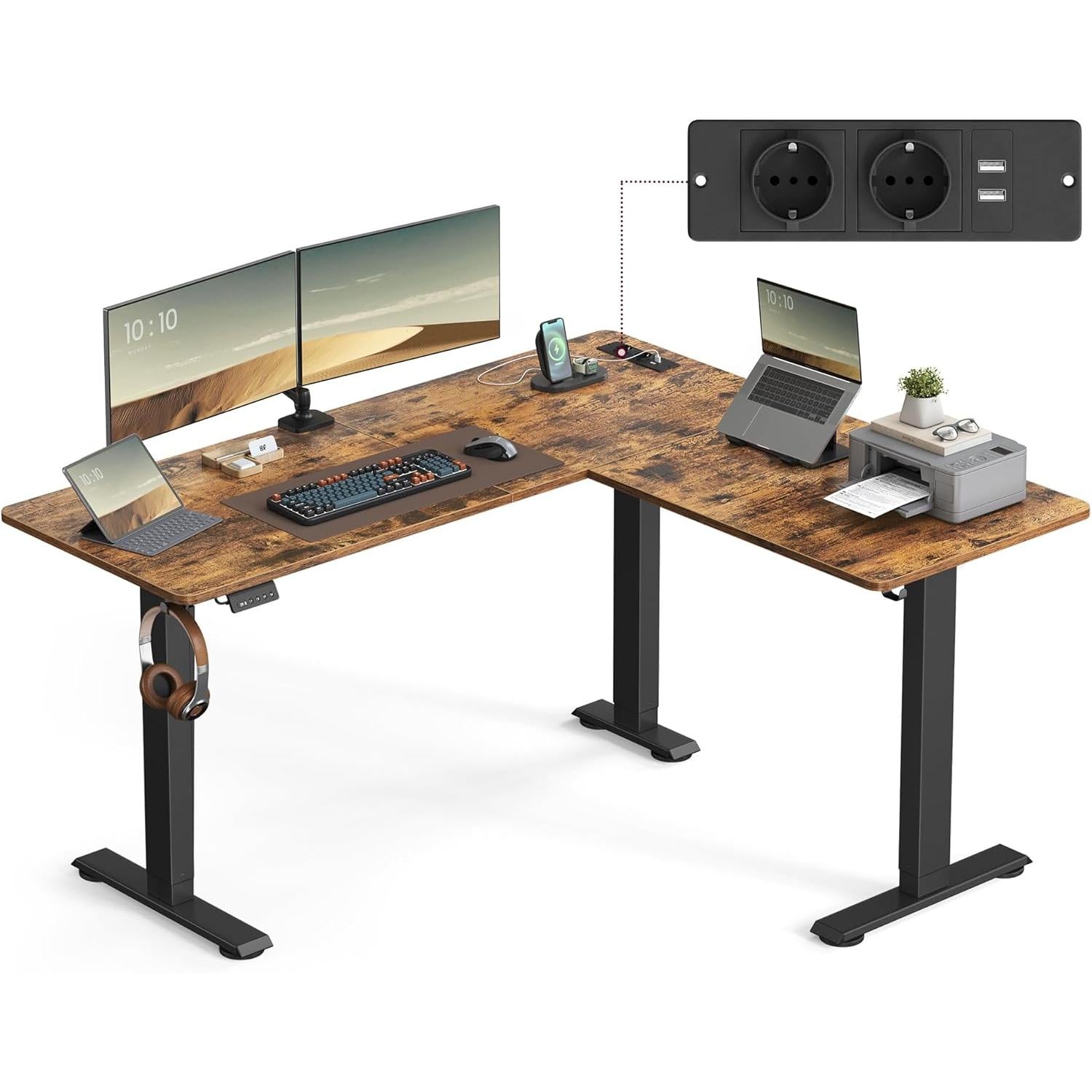 Električni stol, L-oblika, podesive visine, 140 x 160 cm, smeđe i crne boje | VASAGLE-VASAGLE-Vita Home