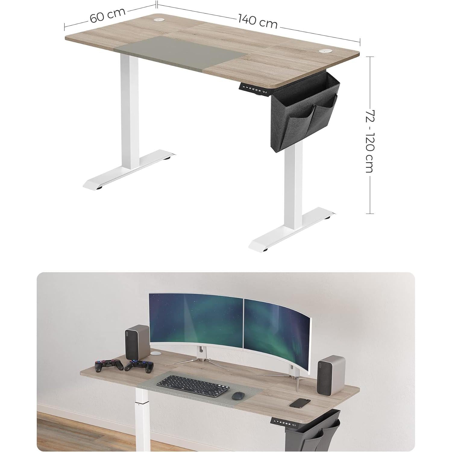 Električni stol podesiv po visini, 60 x 140 x (72-120) cm, bijelo sivi | SONGMICS-vitahome.hr