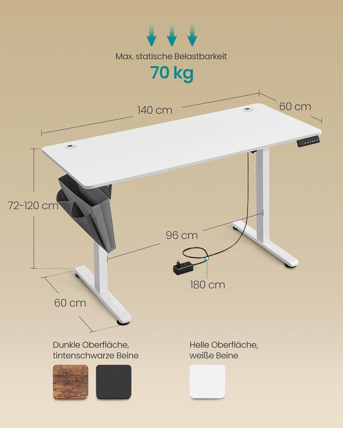 Električni stol podesive visine, 60 x 140 x 72–120 cm, bijeli | SONGMICS-SONGMICS-Vita Home