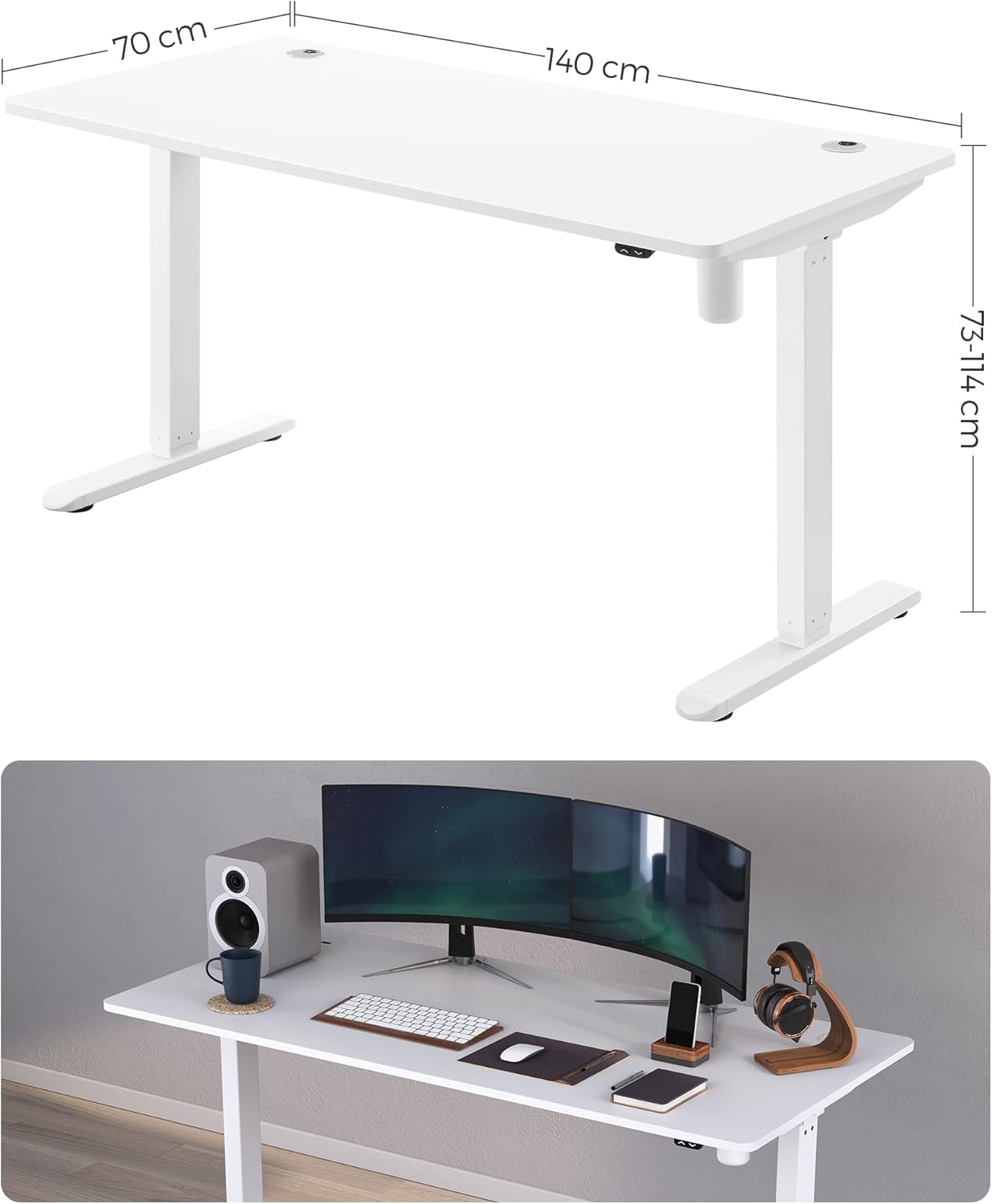 Električni stol podesive visine, 70 x 140 x (73-114) cm, bijele boje-SONGMICS-Vita Home