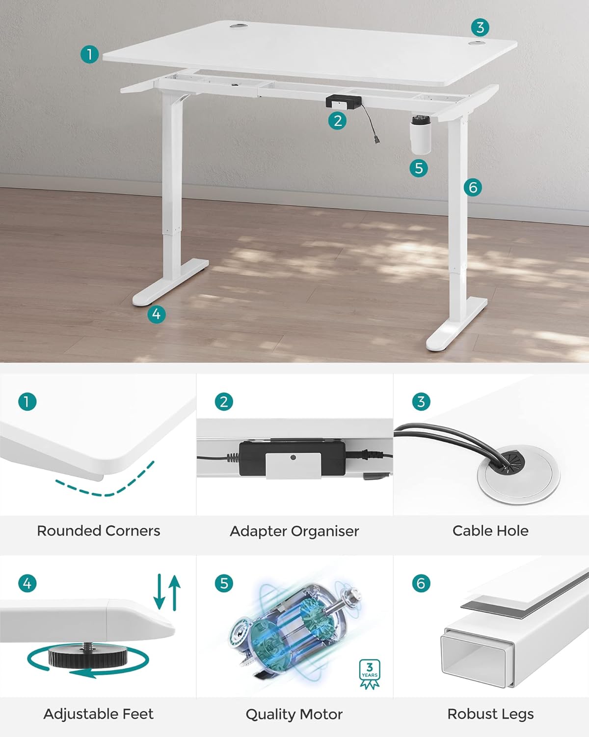 Električni stol podesive visine, 70 x 140 x (73-114) cm, bijele boje-SONGMICS-Vita Home