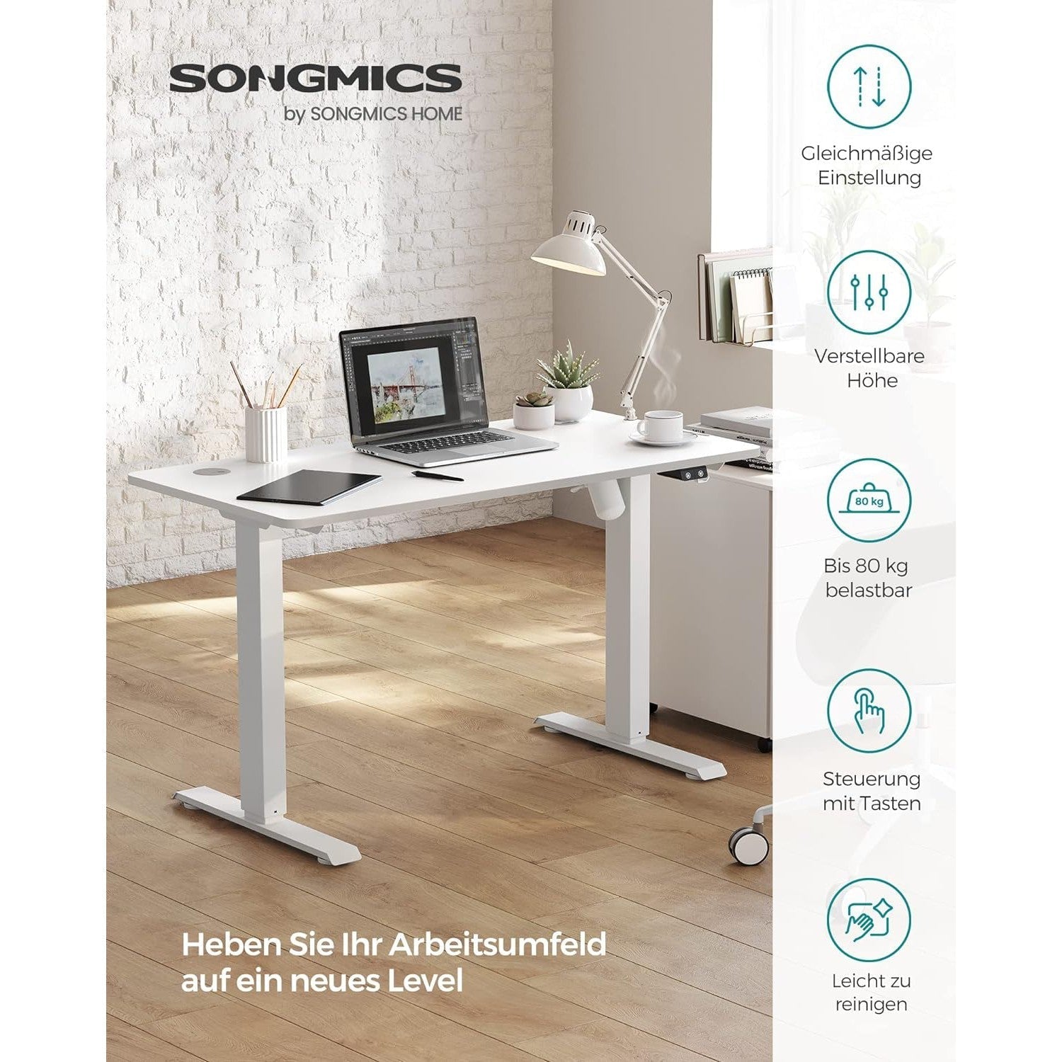 elektromos íróasztal, állítható magasságú, 120 x 60 cm, fehér-SONGMICS-Vita Home